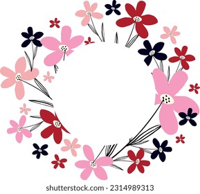Round creative vibrant floral frame, bright frame with wildflowers in juicy colors.