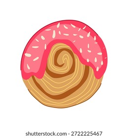 Pastel de cromboloni redondo que presenta una textura pastelera en capas coronada con esmalte rosa vibrante y chispas blancas contrastantes, que simbolizan la indulgencia dulce y las golosinas de panadería