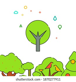 Round crown tree filled line vector icon, simple illustration. Forest, wood related bottom border.