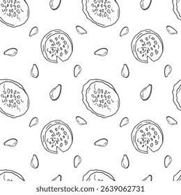 Round cucumber slices seamless contour pattern, monochrome vector in doodle style. Background for detox diets, packaging of vegetarian products, cosmetics and kitchen textiles.