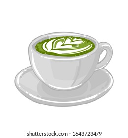 Round cup of matcha coffee or tea with milk botanical art. Side view. Vector isolated beverage