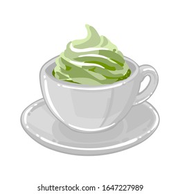 Round cup of matcha coffee or tea with whipped cream on the top. Side view. Vector isolated beverage