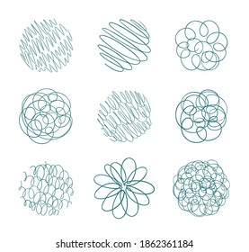 Rund kurvenförmige Linienskizze. Synthetischer Isolierstoff. Stift. Handgezeichneter Vektor. Abstrakter blauer Umriss.