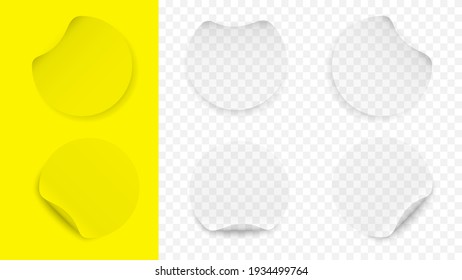 Round curled stickers template mockup. Yellow label banners white surface for publications and advertising text web product promotion and social vector communication.