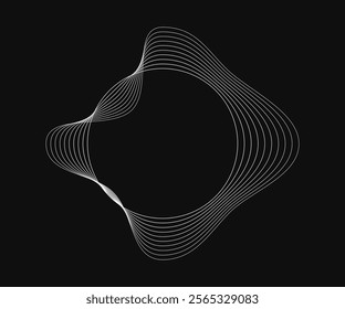 Round curved frame with dynamic wavy stripes. White wavy circles on a black background. Design element. Vector illustration