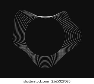 Round curved frame with dynamic wavy stripes. White wavy circles on a black background. Design element. Vector illustration