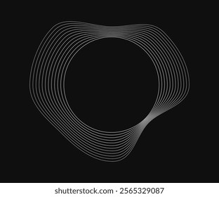 Round curved frame with dynamic wavy stripes. White wavy circles on a black background. Design element. Vector illustration