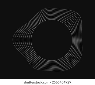 Round curved frame with dynamic wavy stripes. White wavy circles on a black background. Design element. Vector illustration