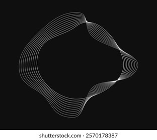 Round curved frame with dynamic wavy stripes. White wavy circles on a black background. Design element. Vector illustration