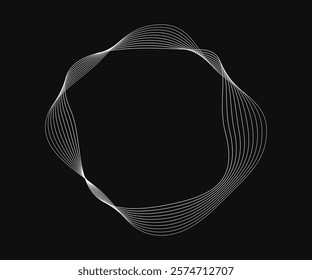 Round curved frame with dynamic wavy stripes. White wavy circles on a black background. Design element. Vector illustration