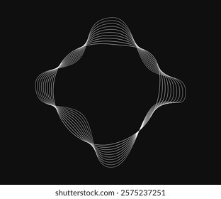 Round curved frame with dynamic wavy stripes. White wavy circles on a black background. Design element. Vector illustration