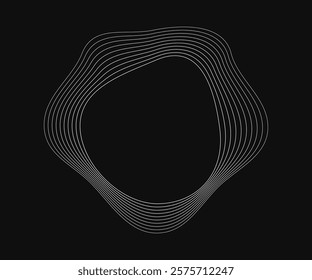 Round curved frame with dynamic wavy stripes. White wavy circles on a black background. Design element. Vector illustration