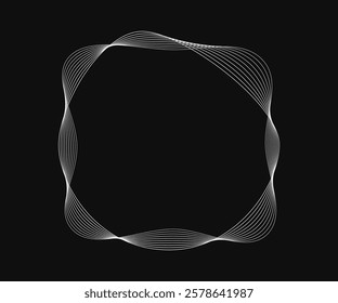 Round curved frame with dynamic wavy stripes. White wavy circles on a black background. Design element. Vector illustration