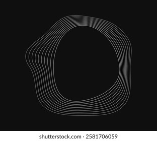 Round curved frame with dynamic wavy stripes. White wavy circles on a black background. Design element. Vector illustration