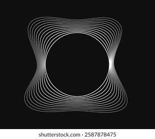 Round curved frame with dynamic wavy stripes. White wavy circles on a black background. Design element. Vector illustration