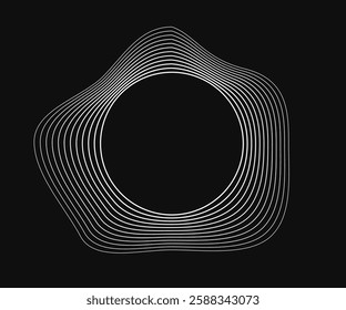 Round curved frame with dynamic wavy stripes. White wavy circles on a black background. Design element. Vector illustration