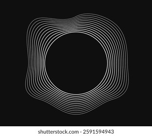 Round curved frame with dynamic wavy stripes. White wavy circles on a black background. Design element. Vector illustration