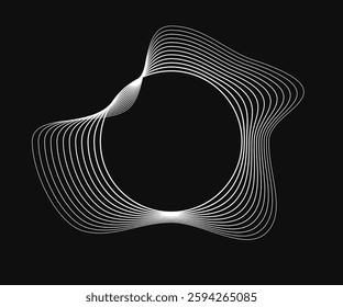 Round curved frame with dynamic wavy stripes. White wavy circles on a black background. Design element. Vector illustration