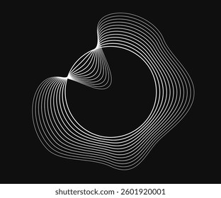 Round curved frame with dynamic wavy stripes. White wavy circles on a black background. Design element. Vector illustration