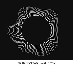 Round curved frame with dynamic wavy stripes. White wavy circles on a black background. Design element. Vector illustration