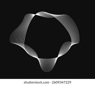 Round curved frame with dynamic wavy stripes. White wavy circles on a black background. Design element. Vector illustration