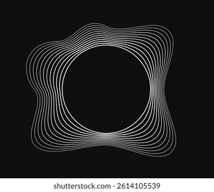 Round curved frame with dynamic wavy stripes. White wavy circles on a black background. Design element. Vector illustration