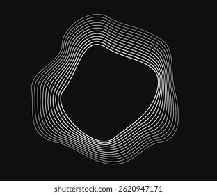 Round curved frame with dynamic wavy stripes. White wavy circles on a black background. Design element. Vector illustration