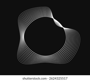 Round curved frame with dynamic wavy stripes. White wavy circles on a black background. Design element. Vector illustration