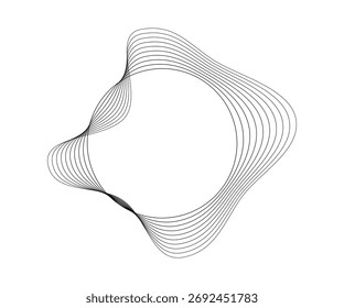 Runde, gekrümmte Schallwellen mit dynamischen, gewellten Streifen. Schwarze wellenförmige Kreise auf weißem Hintergrund. Design-Element. Vektorgrafik