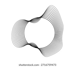 Ondas sonoras arredondadas curvas com faixas onduladas dinâmicas. Círculos ondulados pretos em um fundo branco. Elemento de design. Ilustração vetorial