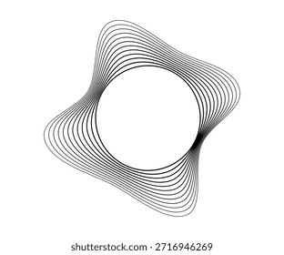 Ondas sonoras curvas redondas con franjas onduladas dinámicas. Círculos ondulados negros sobre un fondo blanco. Elemento de diseño. Ilustración vectorial