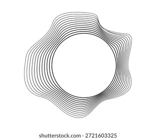 Ondas sonoras arredondadas curvas com faixas onduladas dinâmicas. Círculos ondulados pretos em um fundo branco. Elemento de design. Ilustração vetorial