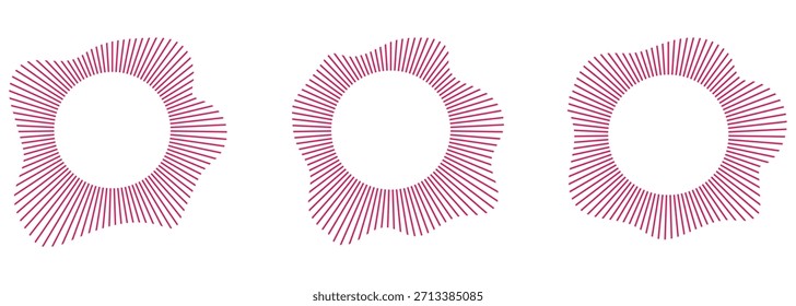 Ondas de sonido curvadas redondas con franjas onduladas dinámicas. Un conjunto de ondas de puntos de sonido de neón multicolor. Conjunto de formas de onda de Vector radial abstracto en circular