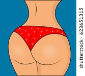 Round curvy cartoon close up pop art brazilian tanned buttocks in red panties. Vector illustration.