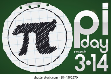 Round cut out notebook paper with a Pi symbol drawing inside and reminder date to celebrate Pi Day in March 14.