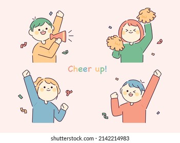 Round and cute face character. People are holding cheering tools and cheering. flat design style vector illustration.