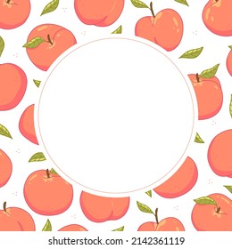 Round cute frame with peaches and leaves. Vector illustration template.