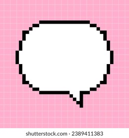 Round cute horizontal frame in the shape of a pixelated dialog box on a pink checkered background. Vector minimalistic element in 8-bit retro gaming style, bubble.