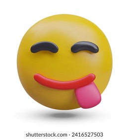 Round cute yellow emoji smiling. Yummy face with tongue lick mouth. Object for social network. Savory gourmet. Vector illustration in 3d style with shadow