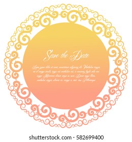 Round cutout paper frame, laser cut lace doily, save the date card or wedding invitation template, pastel color vector illustration