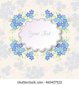 Round cutout paper frame with shadow on floral background. Doily with lacy borders. Cut paper 3d design. Template for invitation or greeting card. Vector illustration.