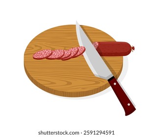 Round cutting board with sliced sausage, whole sausage, and knife. Wood texture shown. Victor Illustration. Stock Illustration