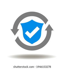 Las flechas de ciclo redondo con el icono vector de protección y marca de verificación. Símbolo del sistema de seguridad de datos. Signo de protección.