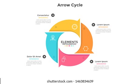 Round Cyclic Chart With 4 Colorful Arrow Elements. Concept Of Four Steps Or Stages Of Production Cycle. Modern Infographic Design Template. Flat Vector Illustration For Presentation, Report.