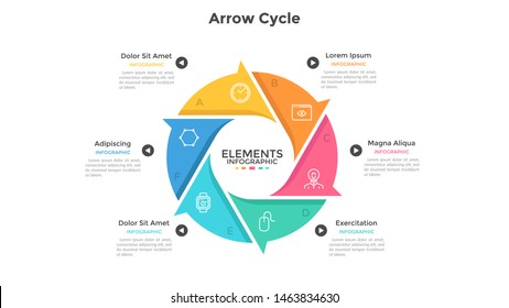 Round cyclic chart with 6 colorful arrow elements. Concept of six steps or stages of production cycle. Modern infographic design template. Flat vector illustration for presentation, report.