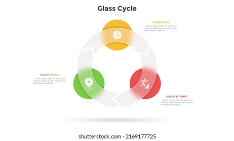 Round cyclic diagram with 3 circles behind translucent glass ring. Concept of three steps of business process. Simple infographic design template. Modern flat vector illustration for presentation.