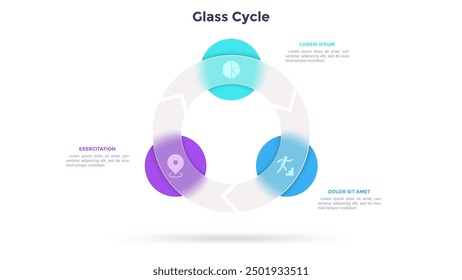 Round cyclic diagram with 3 circles behind translucent glass ring. Concept of three steps of business process. Simple infographic design template. Modern flat vector illustration for presentation.