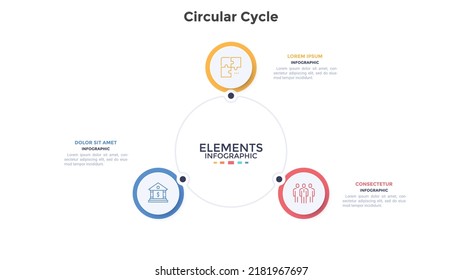 Round cyclic diagram with 3 paper white circular elements. Concept of three stages of production process. Simple infographic design template. Modern flat vector illustration for business presentation.