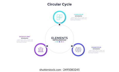 Round cyclic diagram with 3 paper white circular elements. Concept of three stages of production process. Simple infographic design template. Modern flat vector illustration for business presentation.