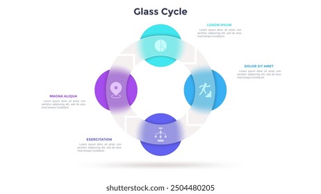 Round cyclic diagram with 4 circles behind translucent glass ring. Concept of four steps of business process. Simple infographic design template. Modern flat vector illustration for presentation.